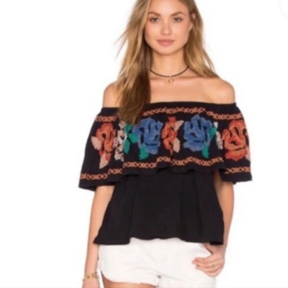 Free People To The Left Embroidered Off The Shoulder Top Sz Small